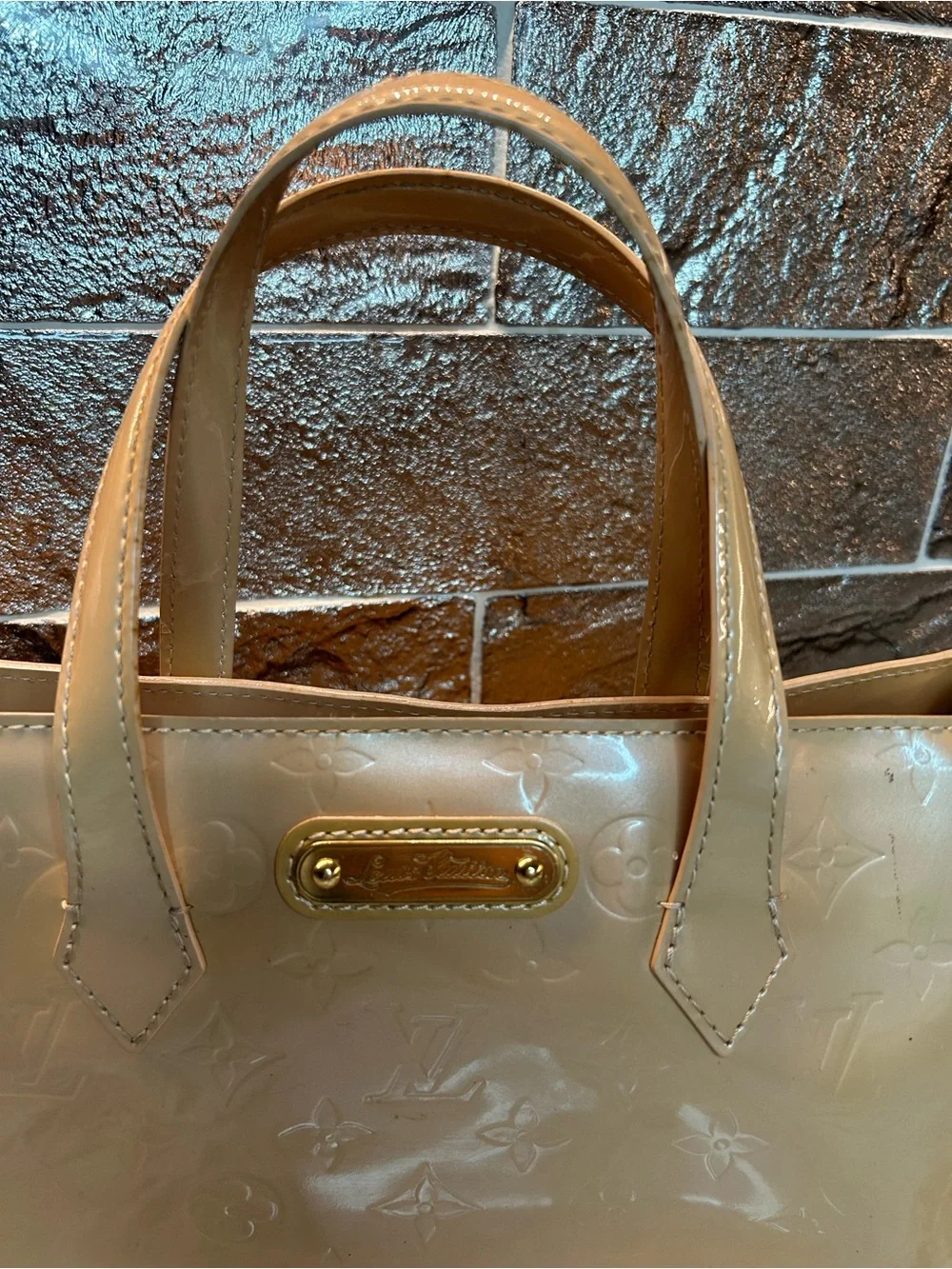 Louis Vuitton Beige/yelkow Patent Monogram Satchel with Gold Hardware